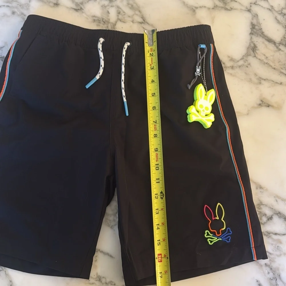 NWOT Psycho Bunny Leo Hydrochromic Swim Trunks Boys 14/16 - Black Neon Logo